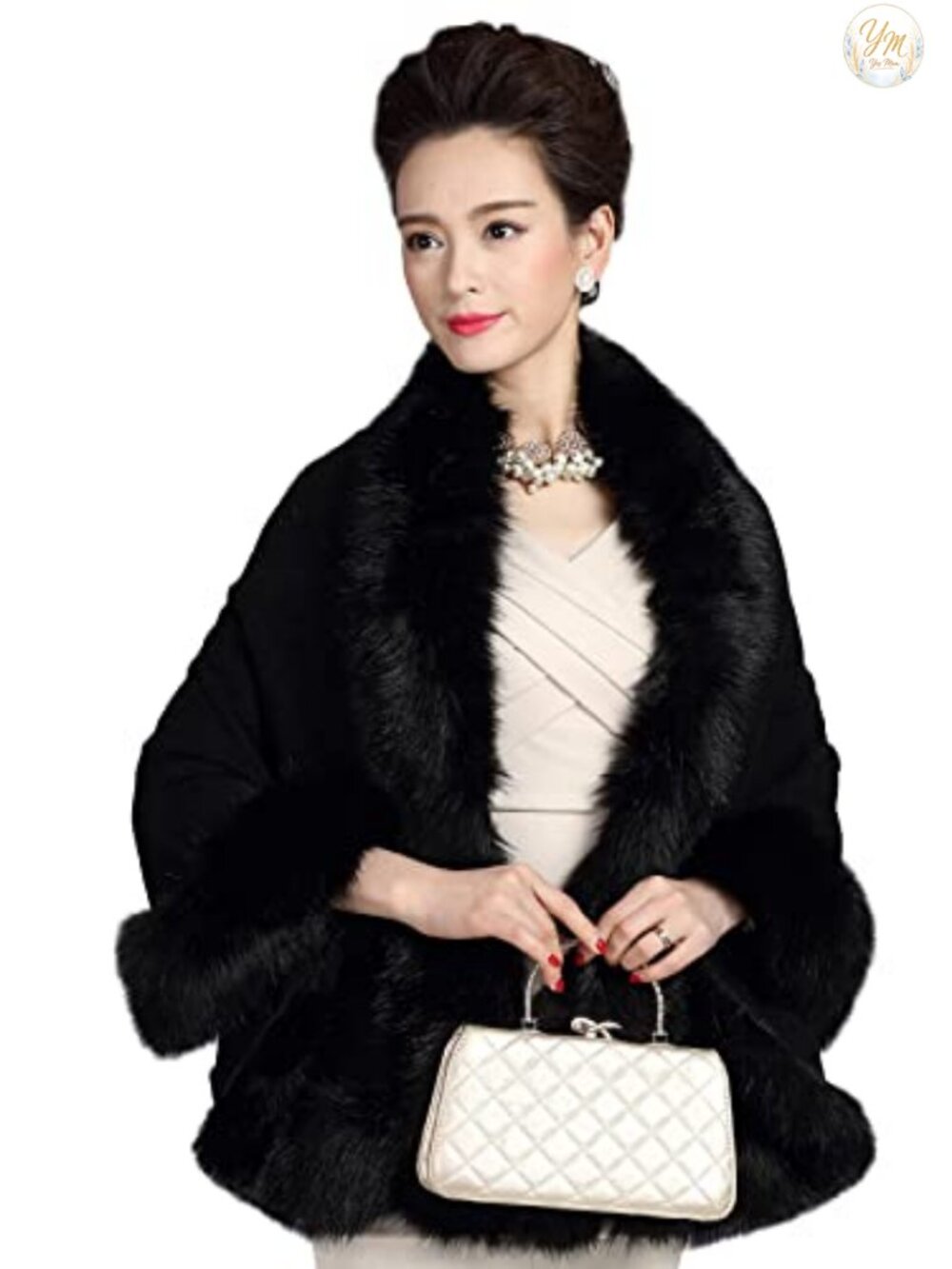 Faux Fur Trim Knit Floral Pashmina Shawl Wrap Bridal Winter Cape Evening Dress
